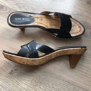 Black leather and cork heeled sandals